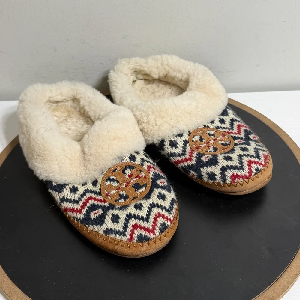 Tory Burch Shearling Slippers Women US 8 Fair Isle Knit Cozy House Shoes Indoors